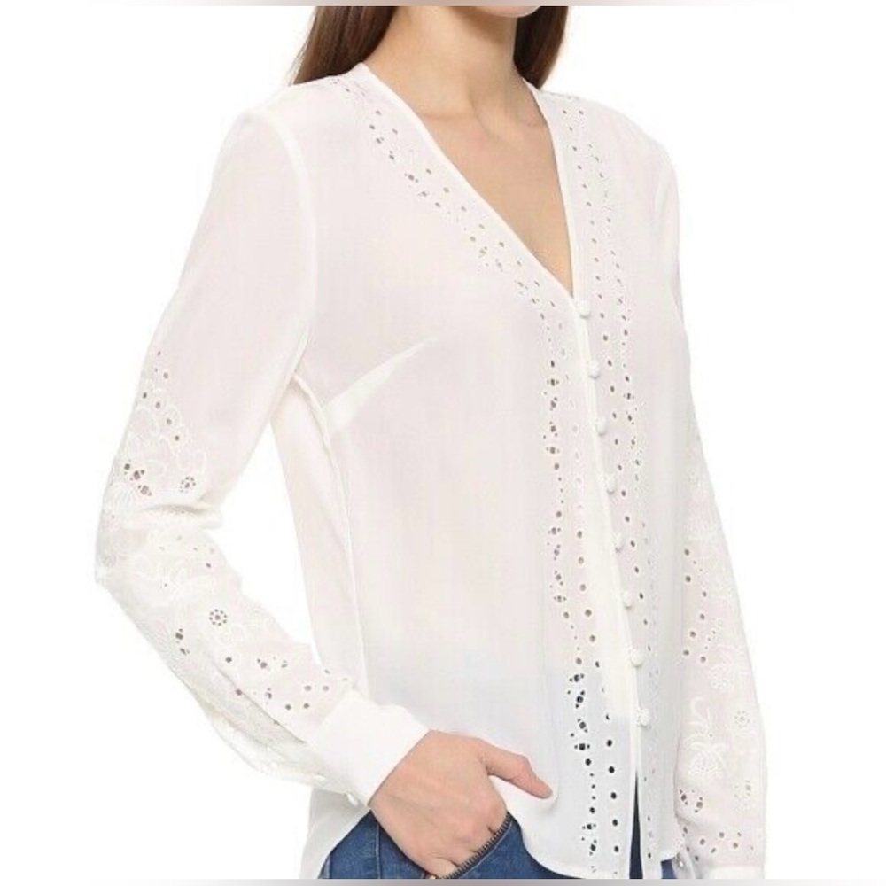 Veronica Beard White Silk Eyelet Embroidered Long Sleeve Button Up Blouse